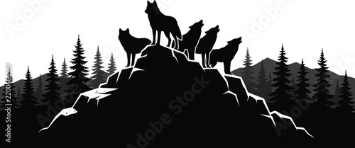 Pack of Wolves Howling on Mountain Peak Silhouette Vector Illustration