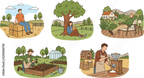 Rural Farming Life and Agricultural Activities Vector Illustration