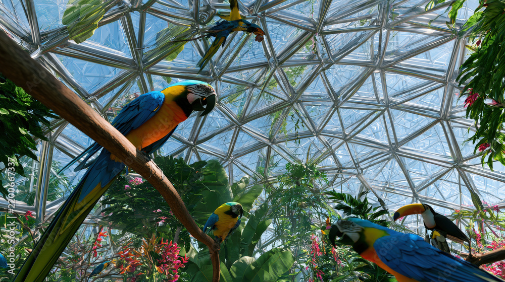 Obraz premium Massive Geodesic Dome Aviary with Macaws and Toucans in Lush Tropical Vegetation Sunlight Filtering Through Geometric Glass Panels Architecture Photography