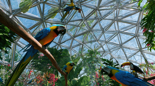 Massive Geodesic Dome Aviary with Macaws and Toucans in Lush Tropical Vegetation Sunlight Filtering Through Geometric Glass Panels Architecture Photography