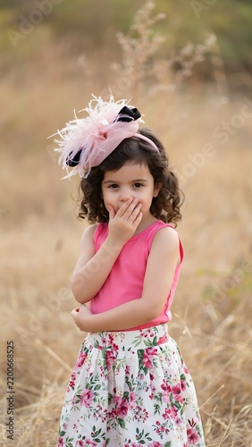 A young girl with curly hair wearing a pink and floral skirt, standing in a dry field while covering her mouth with her small hand