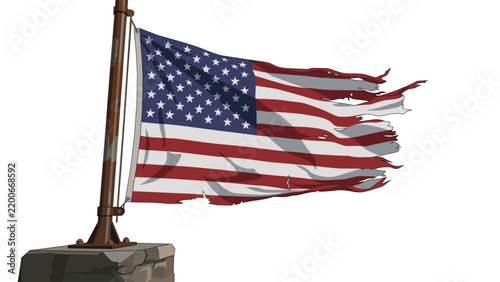 Weathered American flag tattered and torn on a rusted flagpole against white background