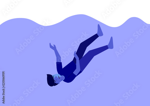 Conceptual vector illustration of a person sinking in a blue emotional space, representing sadness, depression, loneliness, emotional distress, and mental health struggles