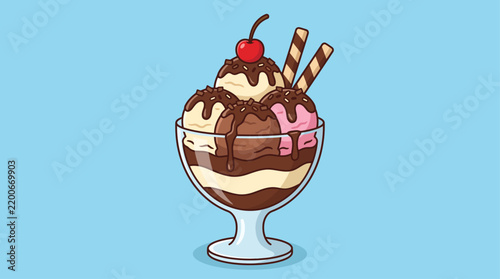Colorful ice cream sundae with chocolate sauce, wafers and cherry on pastel blue background.