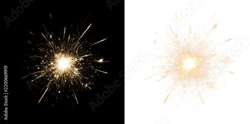 Bright Golden Sparkler on Black and Transparent Backgrounds