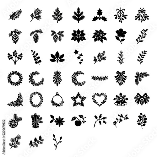 Flat Christmas Botanical Icon Set with Wreaths and Pine for Holiday