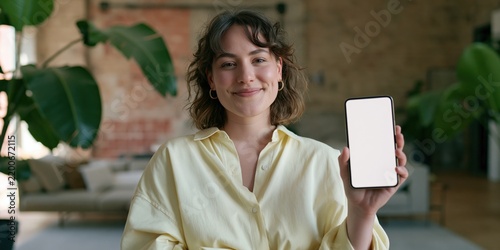Young woman holding smartphone with blank screen for app mockup and mobile wallpaper presentation in living workspace