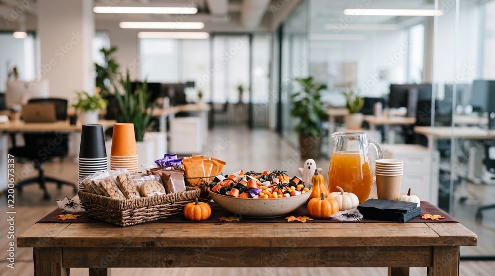 Fototapeta premium Office break room table setup with Halloween candy and snack
