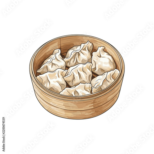 Obraz na plátně Dim Sum Dumplings in Bamboo Steamer Vector Watercolor