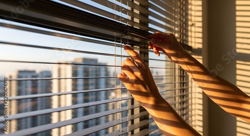 Person adjusting window blinds in a sunny apartment with city view.