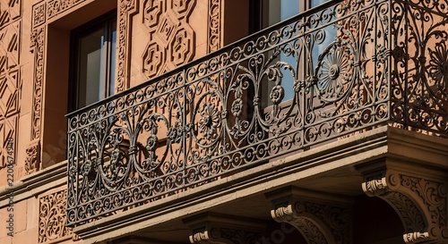 Ornate wrought iron balcony railing on a historic terracotta building facade.