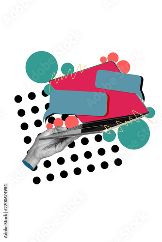 Vertical collage poster laptop screen display digital device remote communication textboxes message dialog discussion forum