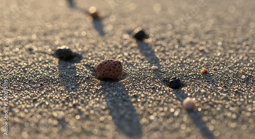 Small colorful pebbles scattered on sandy beach at sunset.