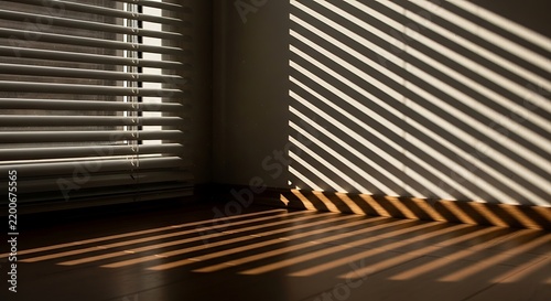 Sunlight casting shadows through window blinds on the floor and wall.