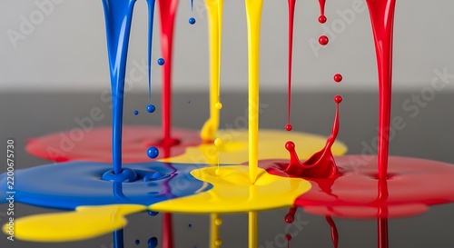 Vibrant Primary Colors Paint Pouring and Splashing on Dark Reflective Surface.