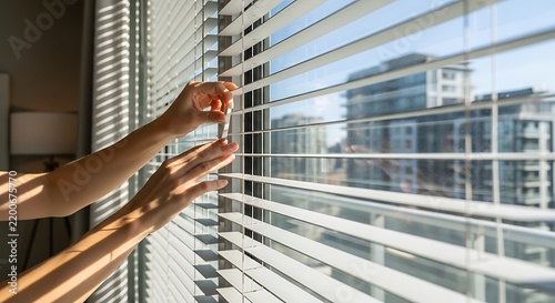 Woman holding a small medicine vial near a window with blinds.