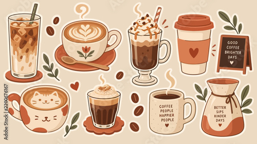 Cute coffee sticker collection vector set with various drinks