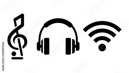 Black silhouette icons featuring a treble clef musical note headphones wifi signal headphones icon wireless signal black silhou