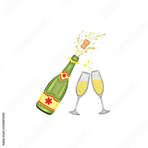 cute bottle of lemonade with two glasses decorated with bubbles and confetti, sticker idea, transparent background, New Year edition