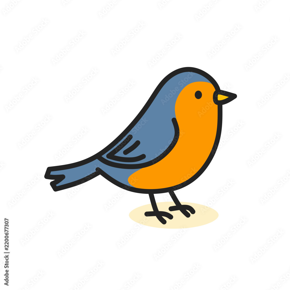 Fototapeta premium Small songbird with blue grey wings and orange chest perched on ground, flat hand drawn vector illustration of garden bird, isolated on transparent background