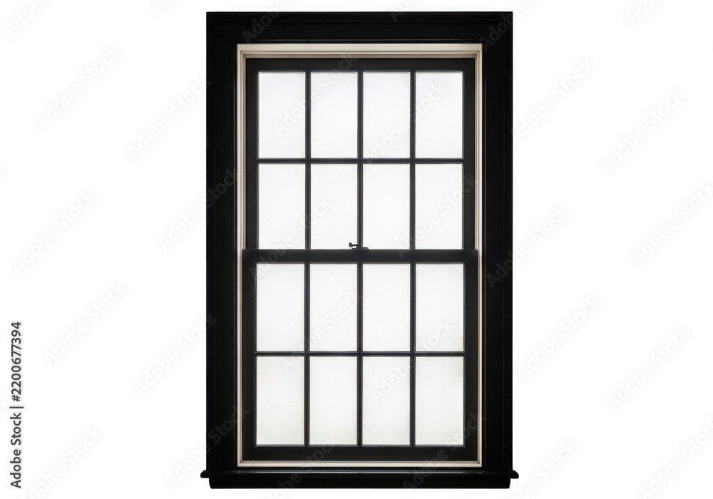Fototapeta premium Black wooden window frame with glass panes isolated on transparent background