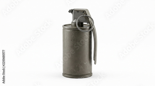 A single olive drab stun grenade with a pull ring isolated on a white background with stands upright against cylindrical olive grenade metal industrial ammunition