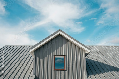 Low angle view of a gray metal gabled roof with a single window