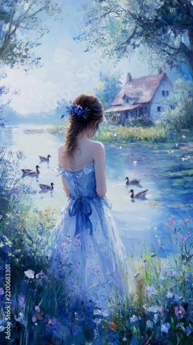 A serene scene of a young girl in a blue dress. She stands by a peaceful lake surrounded by flowers and ducks. The soft colors create a dreamy atmosphere. Nature meets fantasy. AI