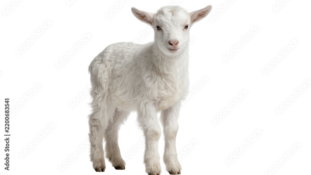 Fototapeta premium Fluffy white baby goat standing, isolated on transparent background