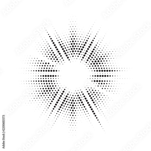 Burst Halftone glow effect. Radiant light burst. abstract grunge halftone dots backdrop. Vector illustration.