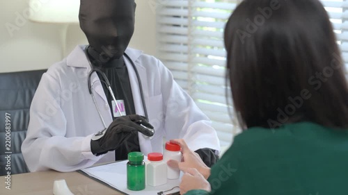 Stock concept of a faceless AI medical provider in a lab coat explaining prescription medicine to a client, virtual healthcare setting, automated pharmaceutical advice, digital health.