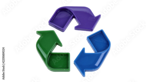 Three colorful plastic recycling arrows green blue and purple, isolated on transparent background