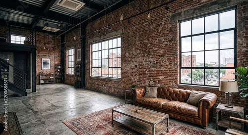 Industrial Loft Living Room Interior with Exposed Brick Wall Concrete Floor and Leather Sofa