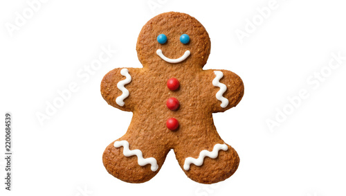 Gingerbread man cookie with blue eyes and red candy buttons, isolated on transparent background