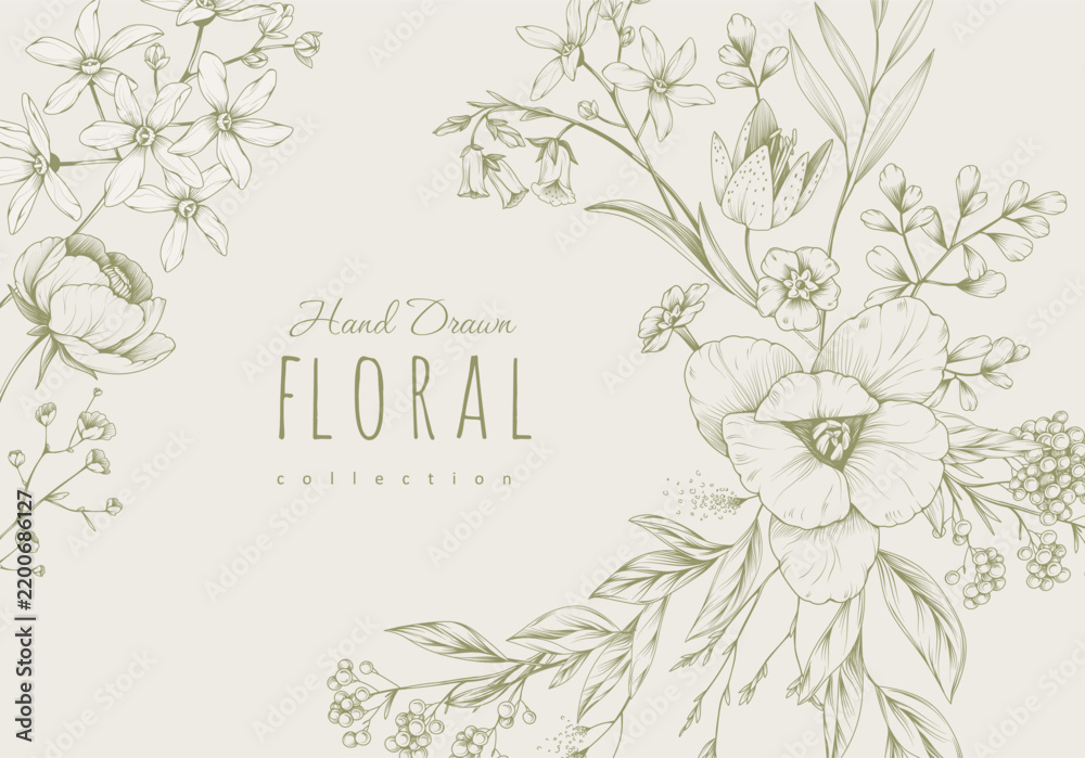Obraz premium Set of detailed various flowers and foliage, intricate details and delicate forms. Hand drawn vector illustration with elegant botanical elements for invitation, save the date card