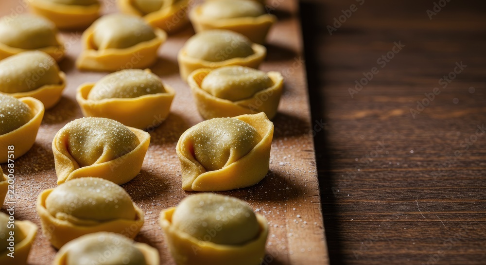 Fototapeta premium Fresh homemade tortellini on rustic wooden board waiting to be cooked