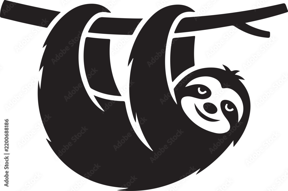 Obraz premium Black and white sloth illustration hanging from a tree branch