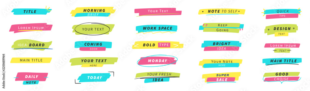 Obraz premium Highlight text underline frame set. Hand drawn highlight text underline frame box doodle brush pen line. Banner label ribbon infographic headline emphasis school memo. Vector