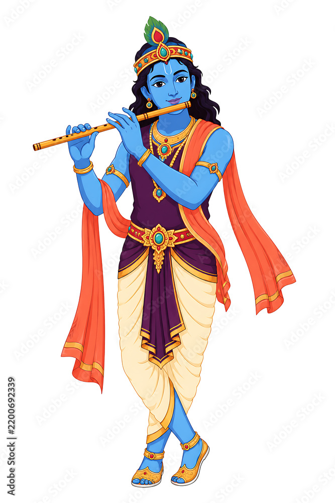 Obraz premium Hindu Deity Krishna Playing Flute in Traditional Attire Isolated on Transparent Background