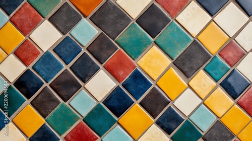Atmospheric View of Moroccan geometric tile floor with colorful repeating pattern