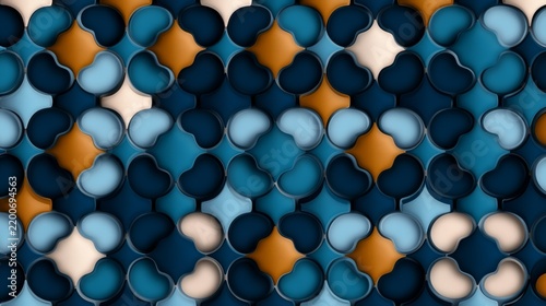 Atmospheric View of Moroccan geometric tile wall in earthy blue tones Moroccan pa