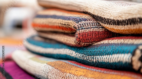 Atmospheric View of Traditional Berber woven blanket with earthy colors Moroccan