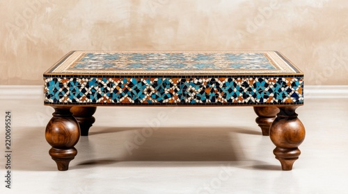 Authentic Moroccan Detail Featuring Elegant Moroccan coffee table with mosaic inlay Moroccan furn