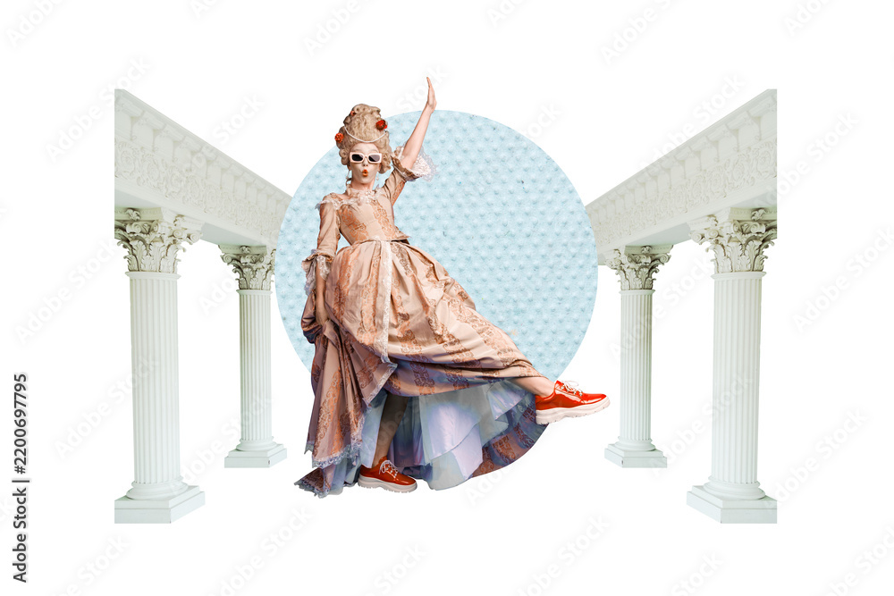 Obraz premium Exclusive art banner collage of happy cool duchess girl wear elegant dress wig column castle party architecture royal celebration