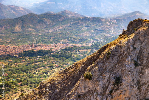 Aerial panoramic view of Castelbuono area from the Parco delle Madonie, Sicily, Italy