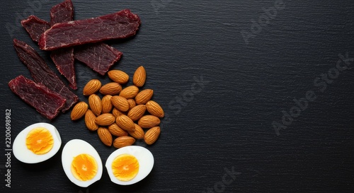 Healthy snack assortment with hard-boiled eggs, nuts, and jerky on dark background