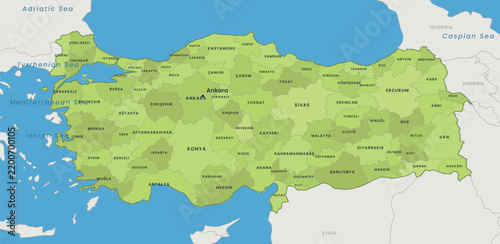 Detailed map of turkey showing provinces and major cities with geographical borders and labels in a clear green color scheme