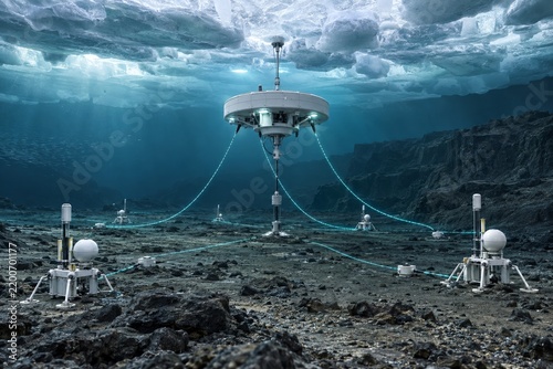 Underwater research sensor network on the seabed beneath Arctic ice, glowing data cables connecting instruments to a central hub, polar ocean monitoring concept