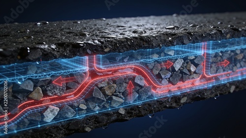 Cross section of wet asphalt road layers with stones, glowing blue grid and red flow arrows, concept of drainage, heat flow and smart road infrastructure