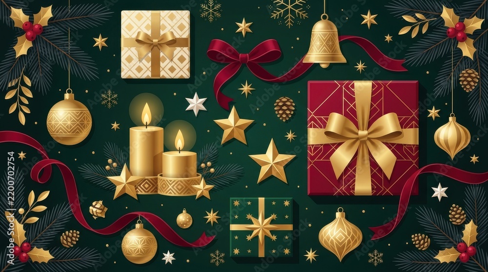 Obraz premium Christmas festive background with gifts and golden ornaments